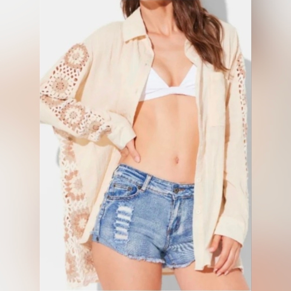 Ocean Drive Crochet Button Up, Oversized Boho Shirt, Small